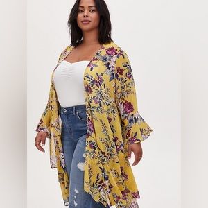YELLOW FLORAL CREPE HANDKERCHIEF DUSTER KIMONO